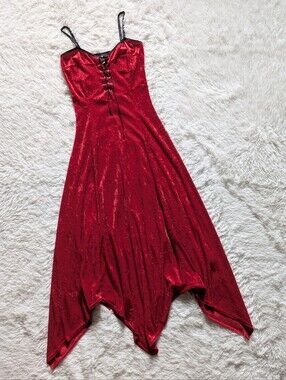90s Morbid Threads Red Velvet Lace Up Corset Bust Handkerchief Dress Medium